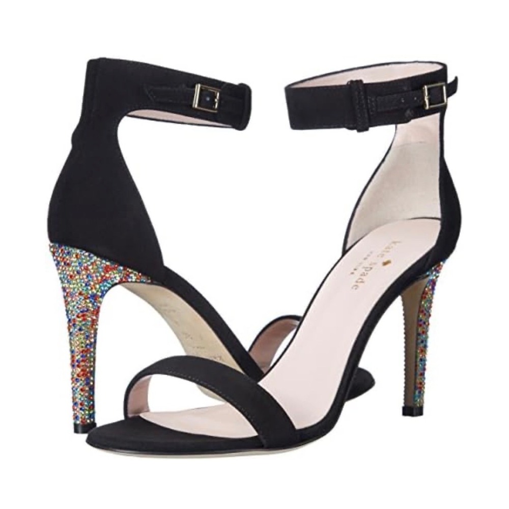 Kate Spade Rosalie Black Suede Rainbow Rhinestone Heel Sandals 8.5